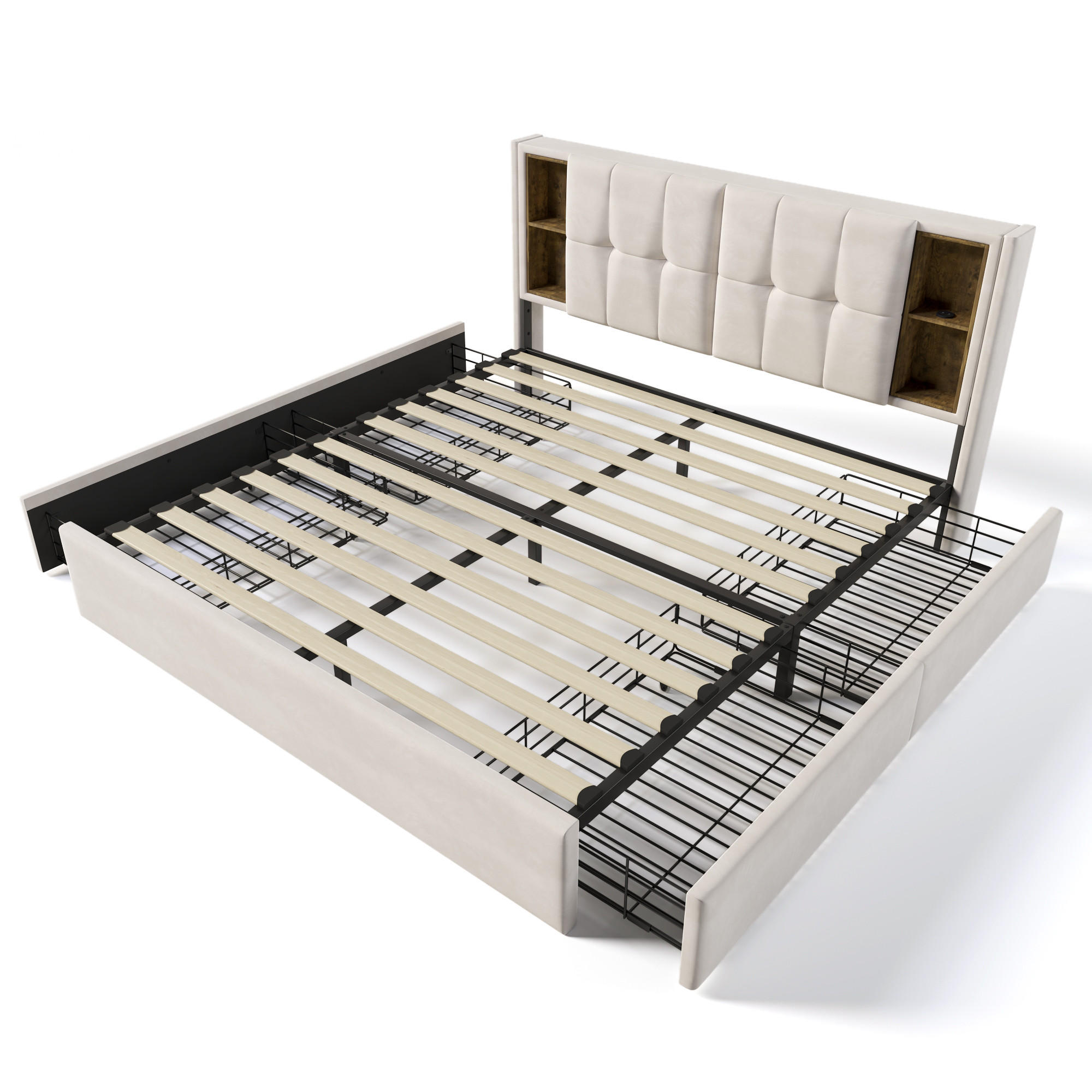 POLSTERBETT 160/200 cm DE-00343, in Samt Beige, 4 Schubladen - Beige, Metall (160/200cm) - ComfortXL