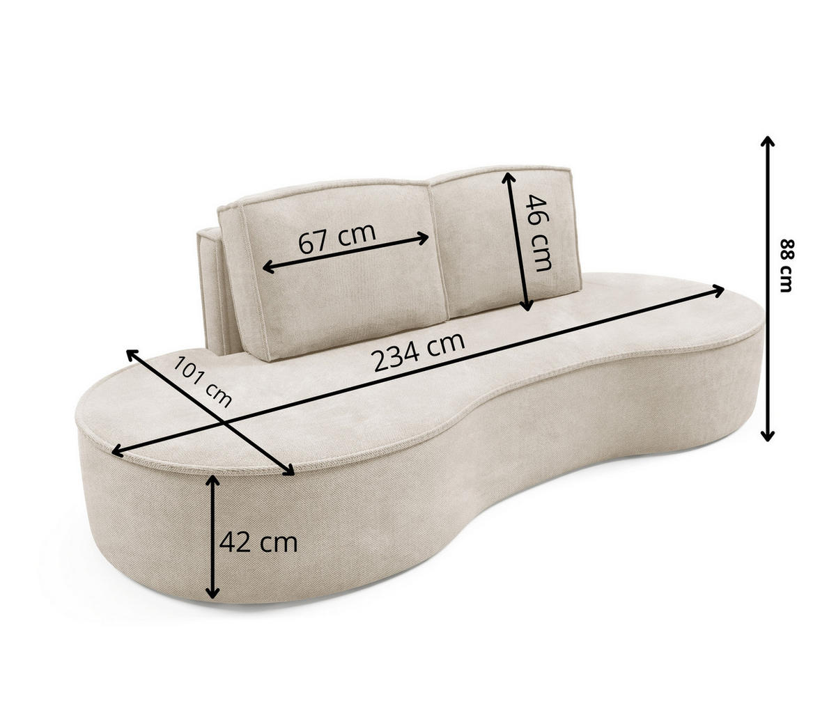 SOFA Molly – Freistehendes halbrundes Designsofa mit zwei eleganten, abnehmbaren RückenKissen, Curio Stoff, Größe: 234x101x88 cm, Weiß - Creme, Holz/Textil (234/88/101cm) - DomoHome
