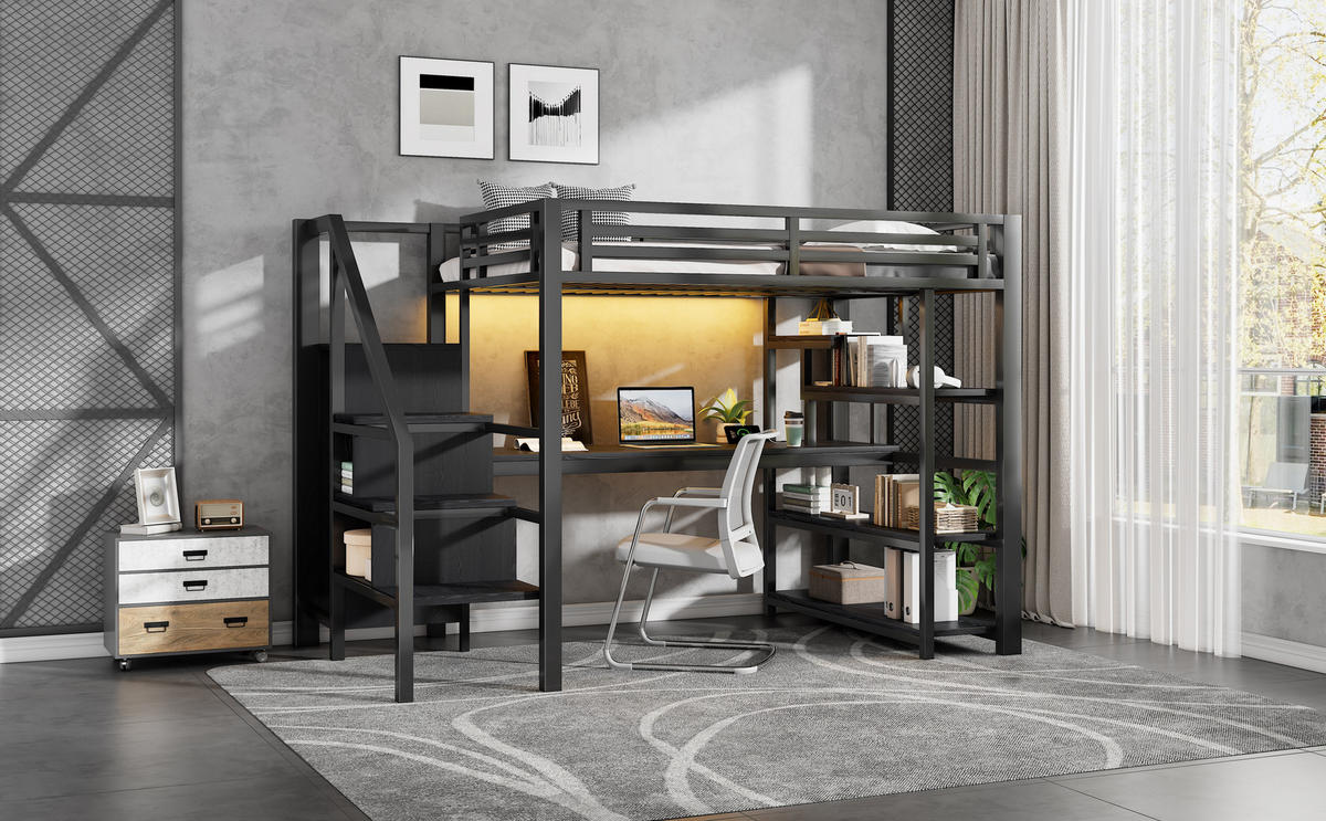 HOCHBETT 140x200 cm mit Stauraumtreppe, Kleiderschrank und 4-stöckigem Regal, LED und Ladestation, schwarz - Schwarz, Holzwerkstoff (140/200cm)