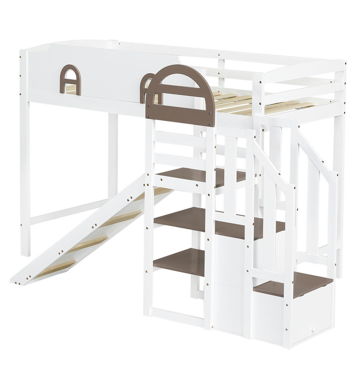ETAGENBETT 90/200 cm mit Rutsche, Stauraumtreppe, Fenstern und Rundum-Absturzschutz aus Kiefer/MDF, Weiß - Weiß, Holzwerkstoff (90/200cm) - Redom