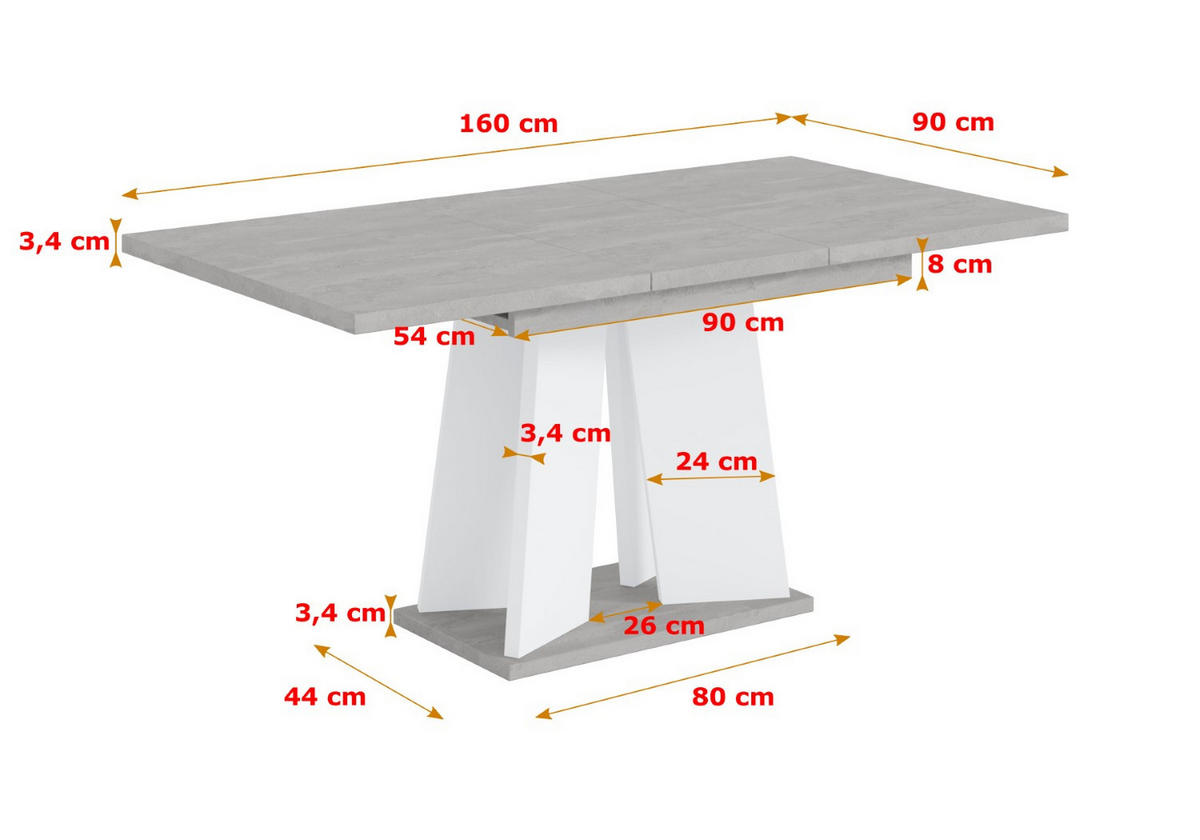 ESSTISCH ausziehbar 120 -160x90x75 cm - Betonoptik K350/Weiß - UFOM - Weiß, Holzwerkstoff (120/90/75cm) - ALTDECOR