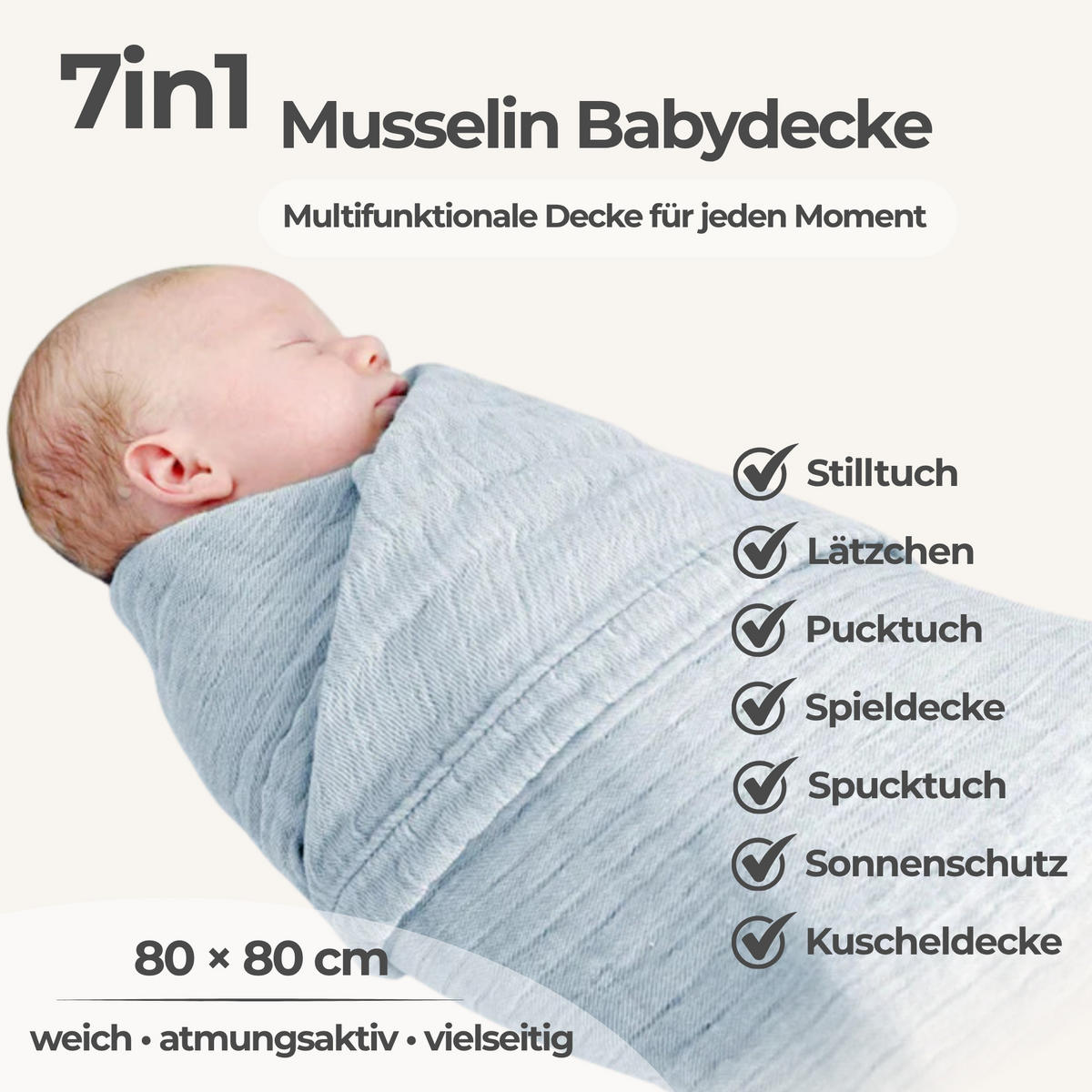 MUSSELINDECKE XL Babydecke Stilltuch Einschlagdecke Säuglingsdecke Mulltuch ab Geburt - Blau, Textil (90/120cm) - nordic coast company