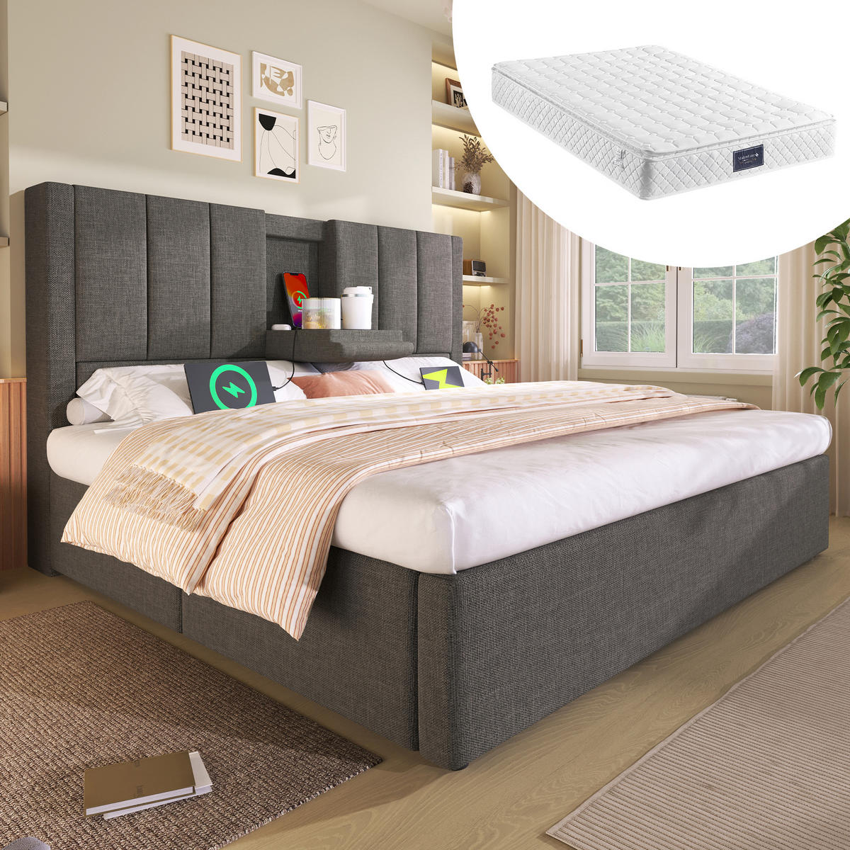 POLSTERBETT 160/200 cm Grau aus Leinen mit Stauraum und USB-Ladestation mit Matratze - Grau, Textil (160/200cm) - OKWISH