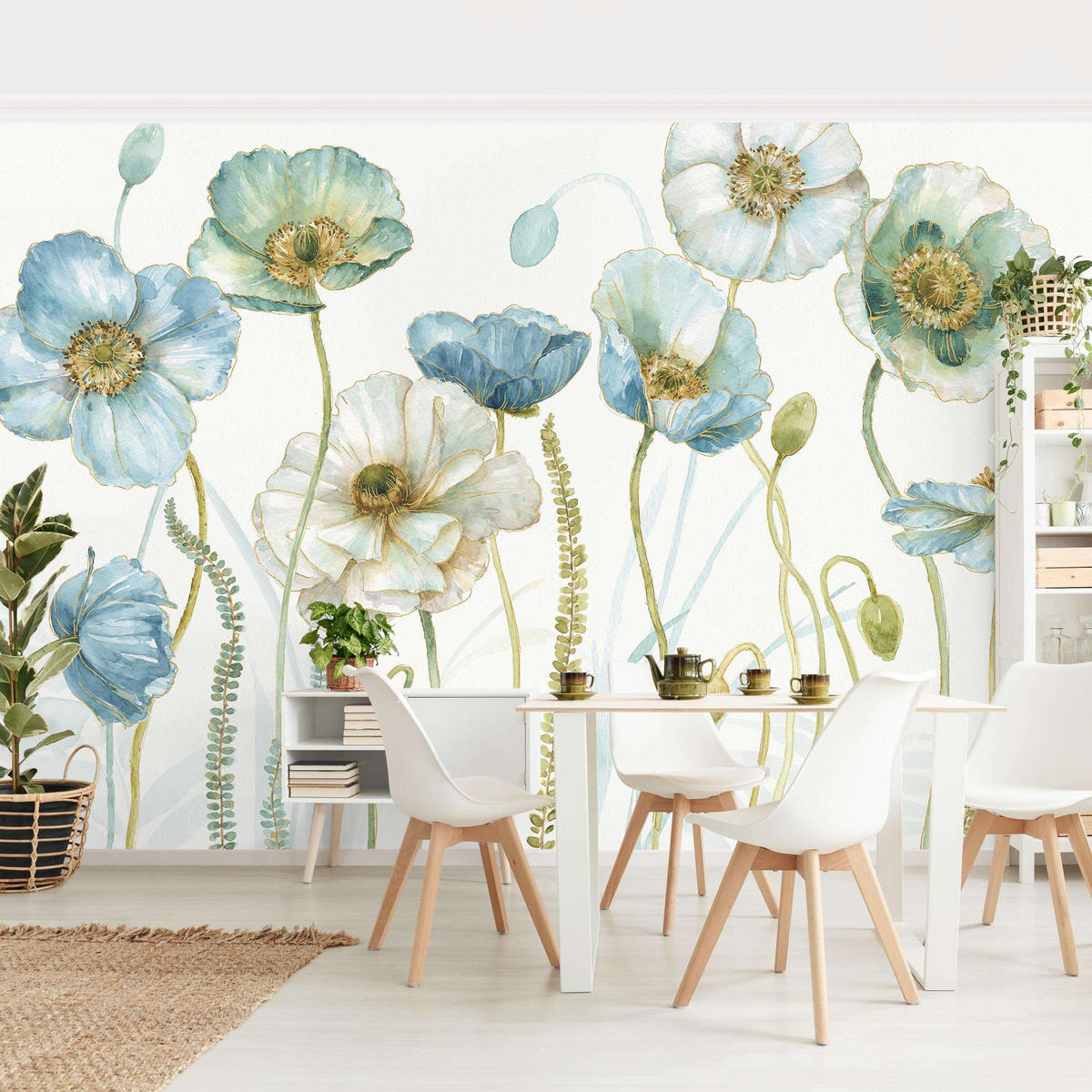 FOTOTAPETE Blüten in Gold und Blau 384/255 cm - Pastellblau, Papier (384/255cm) - Bilderwelten