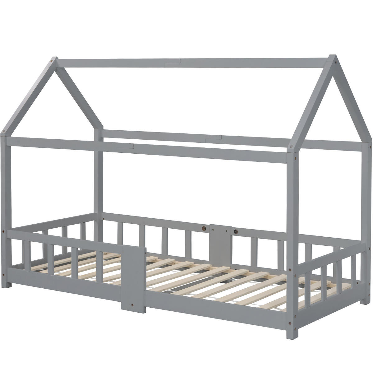 HAUSBETT 90/200 cm Grau aus Kiefer Massivholz mit Tafel und Rausfallschutz - Grau, Holzwerkstoff (90/200cm) - OKWISH