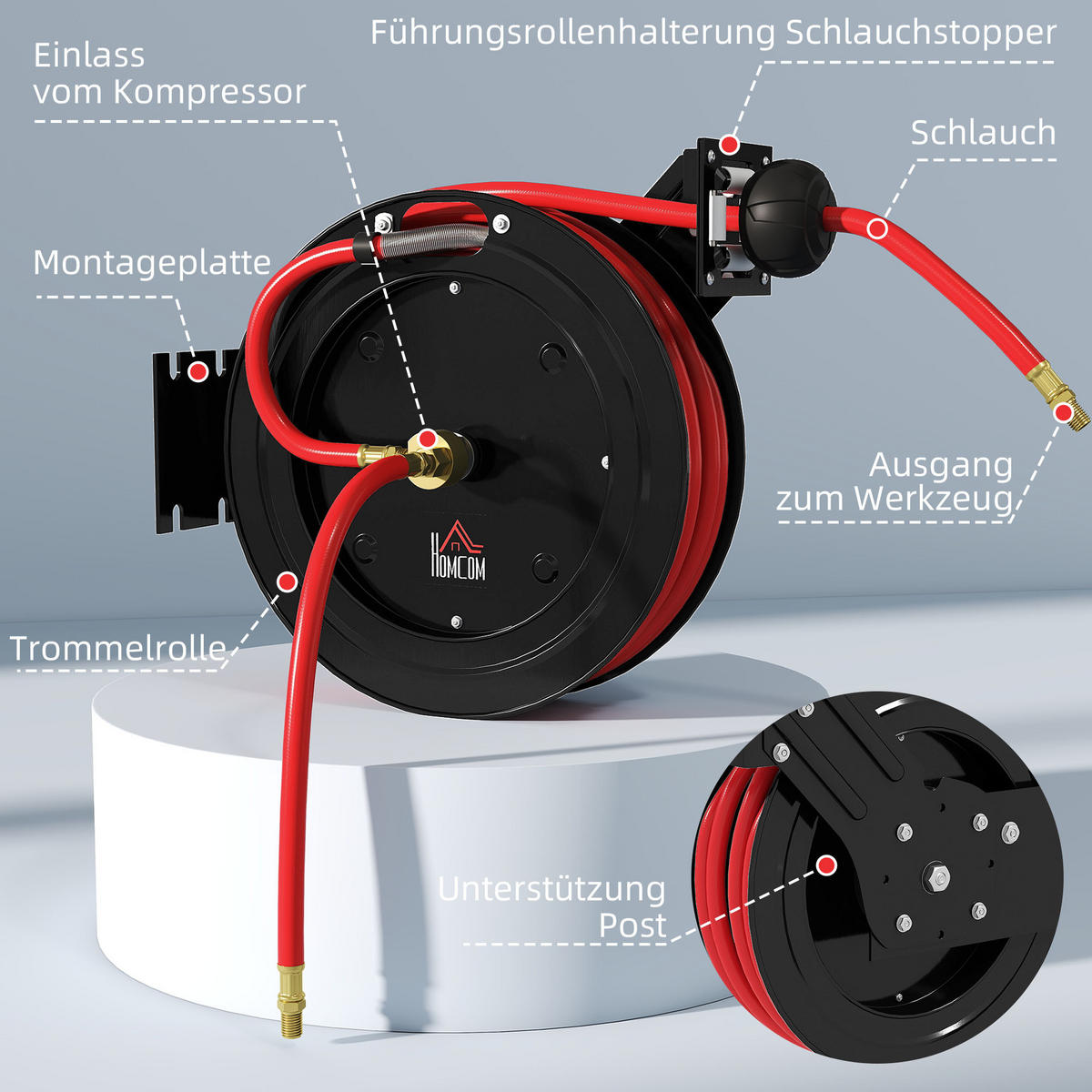 SCHLAUCHTROMMEL Automatische Druckluft 15m+1m mit 1/4' Anschluss 20 bar Druck - Multicolor, Metall (11.5/44/40.5cm) - HOMCOM