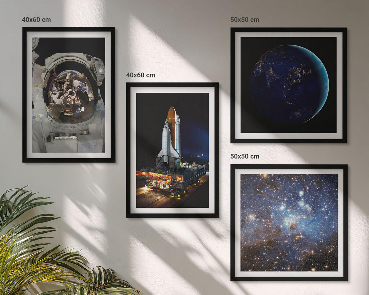 WANDBILDER 4er-Set - 50x50 cm & 40x60 cm Schwarzer Rahmen - Weltraum Erde Astronaut Rakete - Schwarz, Kunststoff (50/50cm) - ArtPrintCave