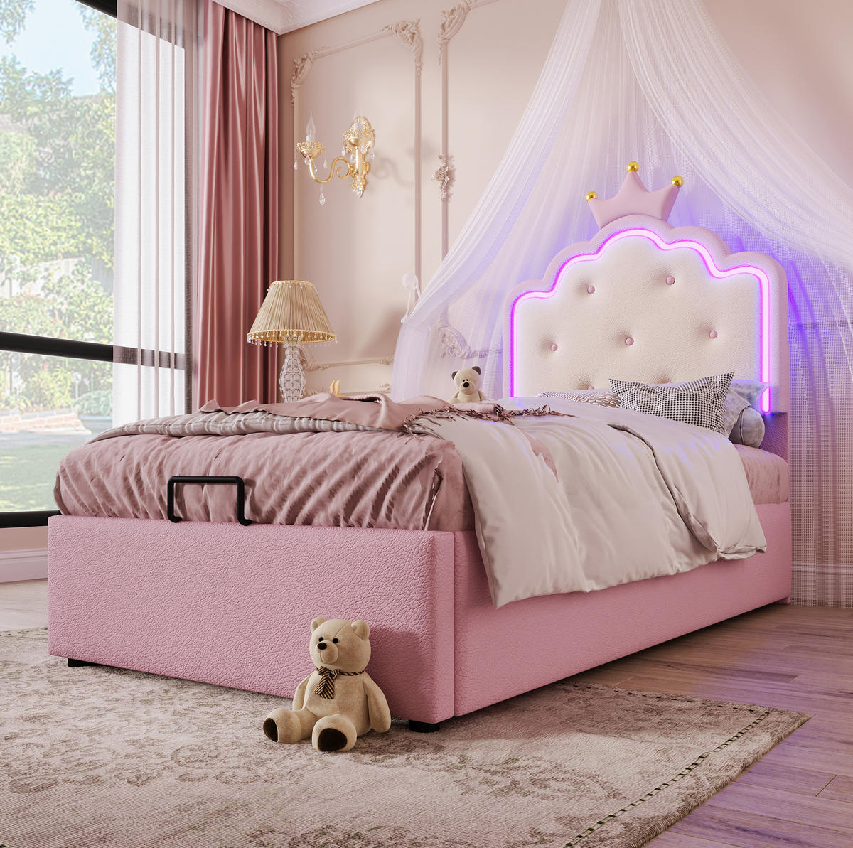 POLSTERBETT aus PU 90x200 cm Rosa mit LED-Ambientelicht, Lattenrost und hydraulischem Stauraum im Kronen-Design - Rosa, Kunststoff (90/200cm) - Modfu