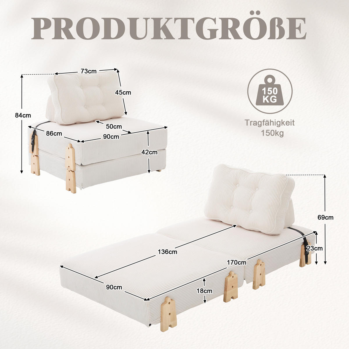 SCHLAFSESSEL ausklappbar mit Holzgestell, DE-42596, Beige - Beige, Holzwerkstoff (90/84/86cm) - ComfortXL