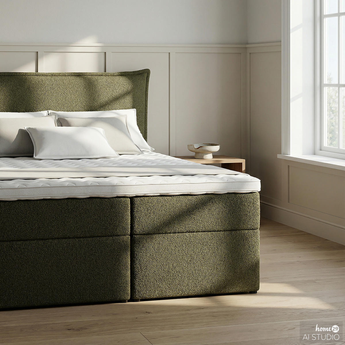 BOXBETT mit Stauraum - Bouclé - Olivgrün, Holzwerkstoff/Textil (140/200cm) - home24