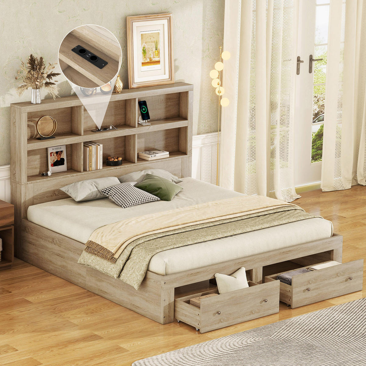 BETT 160/200 cm Natur aus Spanplatte mit Stauraum und USB-Ladefunktion - Naturfarben, Holzwerkstoff (160/200cm) - OKMYHOME