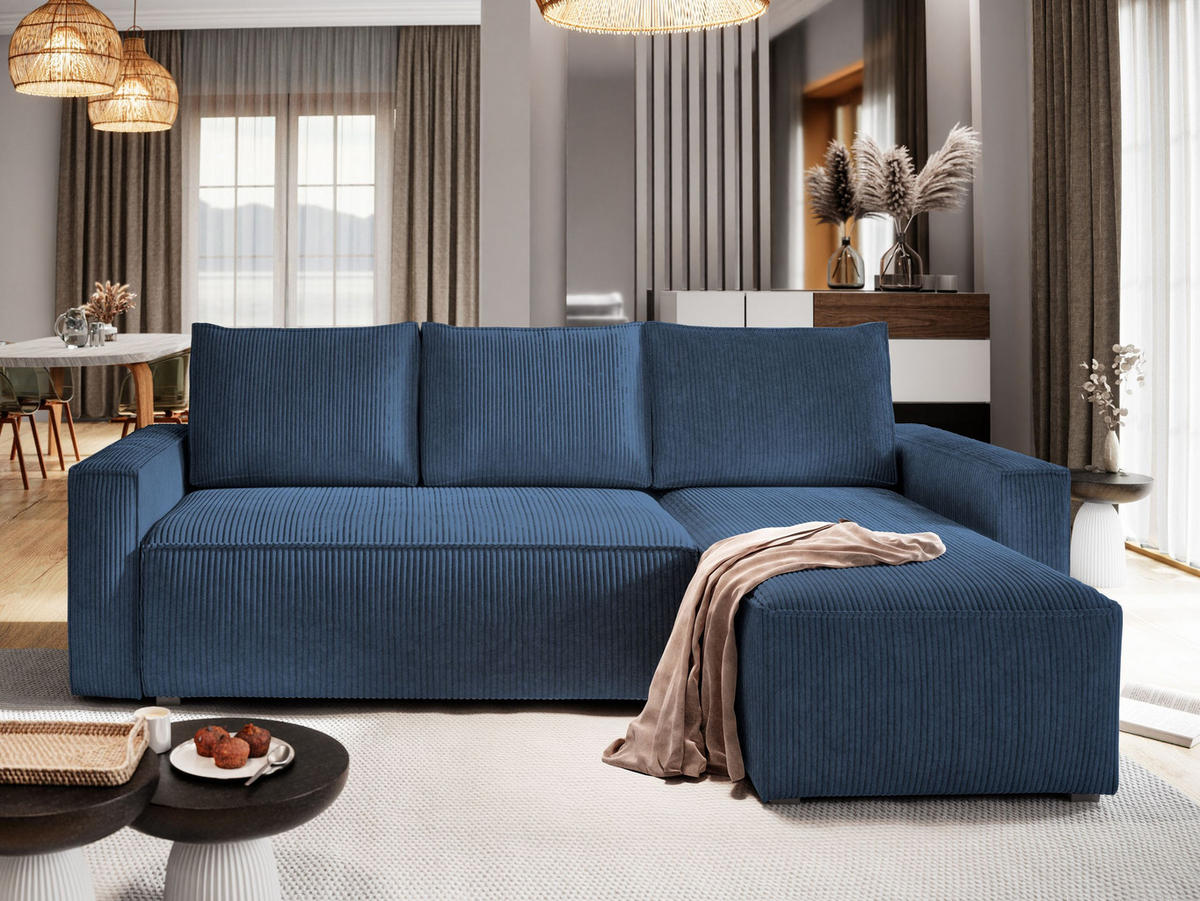 ECKSOFA POTARO Blau Kordstoff mit Schlaffunktion - Blau, Holz (232/140cm) - MASSENO