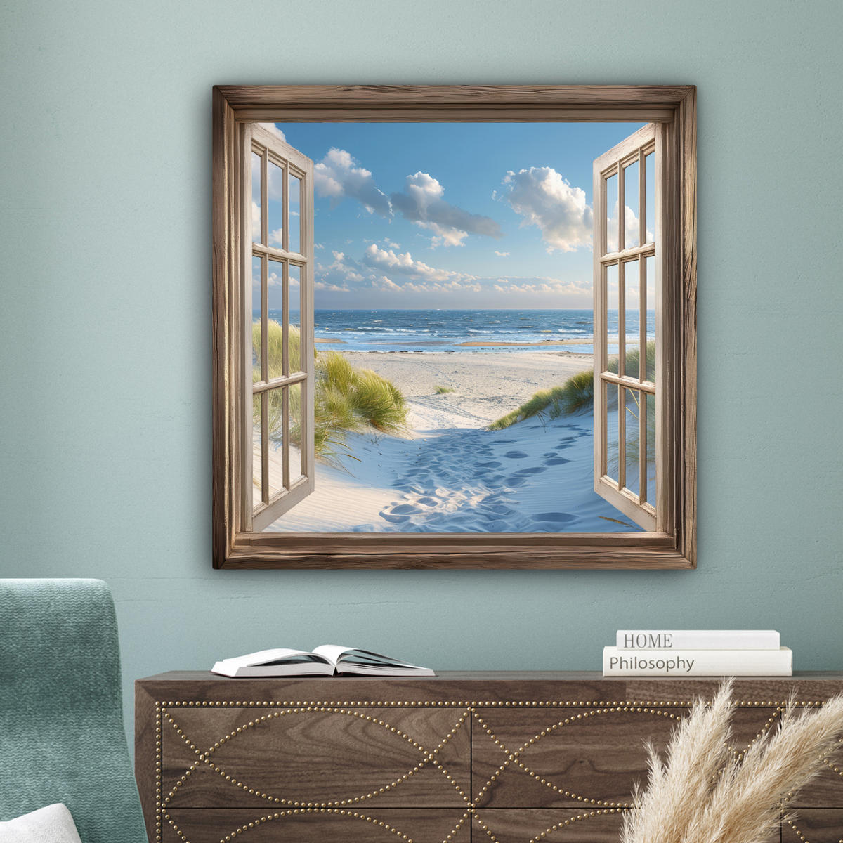 LEINWANDBILD Aussicht - Strand - Fenster - Dünen - Meer 90x90 cm - Hellblau, Textil (90/90cm) - MuchoWow