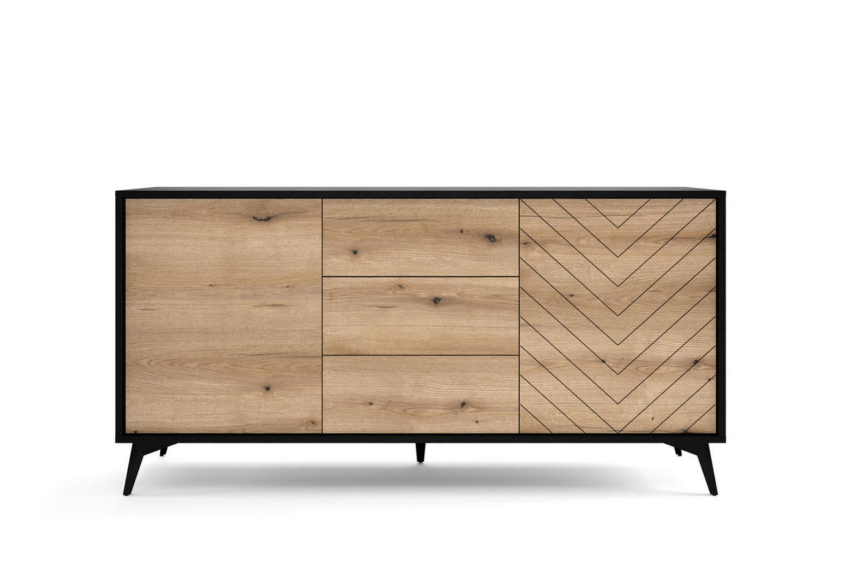 KOMMODE Diamond Eiche Evoke/Schwarz 154/39/77cm mit Schubladen - Eichefarben/Schwarz, Holzwerkstoff/Metall (154/77/39cm) - SIMKAM Furniture