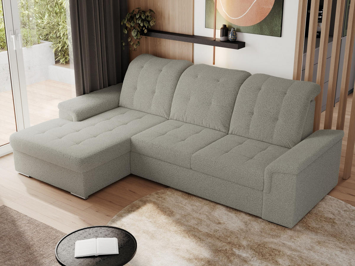 ECKSOFA MADRITO L - Hellgrau Boucle - Links - Silberfarben/Hellgrau, Textil/Metall (160/256cm)