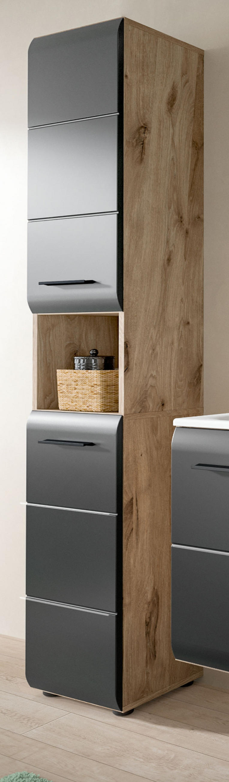 HOCHSCHRANK schwarz matt, Eiche Nox, Badschrank 2-türig 30 cm, 7 Fächer - Eichefarben/Schwarz, Holzwerkstoff/Kunststoff (30/185/30cm) - Inn.Furn