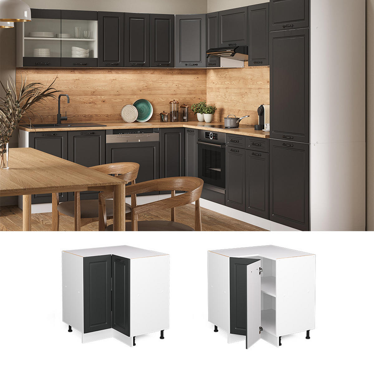 ECKUNTERSCHRANK R-Line Anthrazit Landhaus 75.6 cm, AP Eiche - Anthrazit/Weiß, Holzwerkstoff (75.6/81.6/60cm) - Vicco