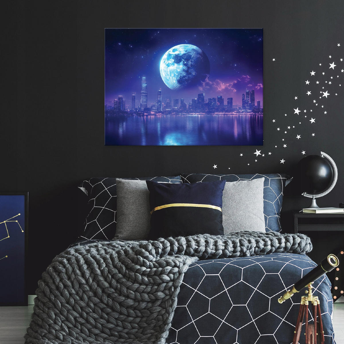 LEINWANDBILD Stadt Mond Blau 100x70 cm - Multicolor, Holzwerkstoff (100/70cm) - Wallarena