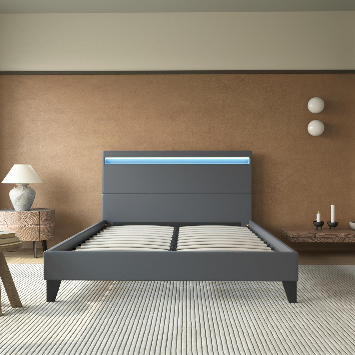 BETT 140x200 cm mit Kopfteil aus grauem Kunstleder - Grau, Naturmaterialien (140/200cm) - November Sleep