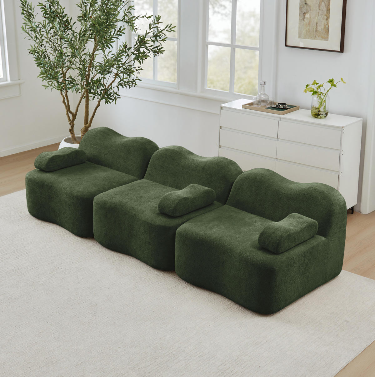 SOFA 288/98/70 cm in Grün aus Samt mit tiefer Sitzfläche - Grün, Textil (98/70/288cm) - Flora Grace