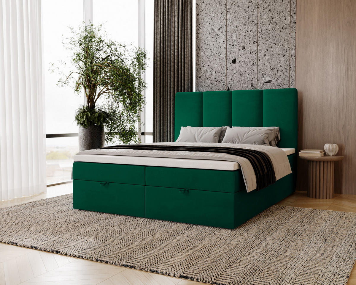 BOXBETT Malmo mit 2 Bettkästen, 140x200, Grün, Velourstoff, Doppelbett mit Bonell-Matratze und Topper - Grün, Holz/Kunststoff (140/200cm) - Marpur