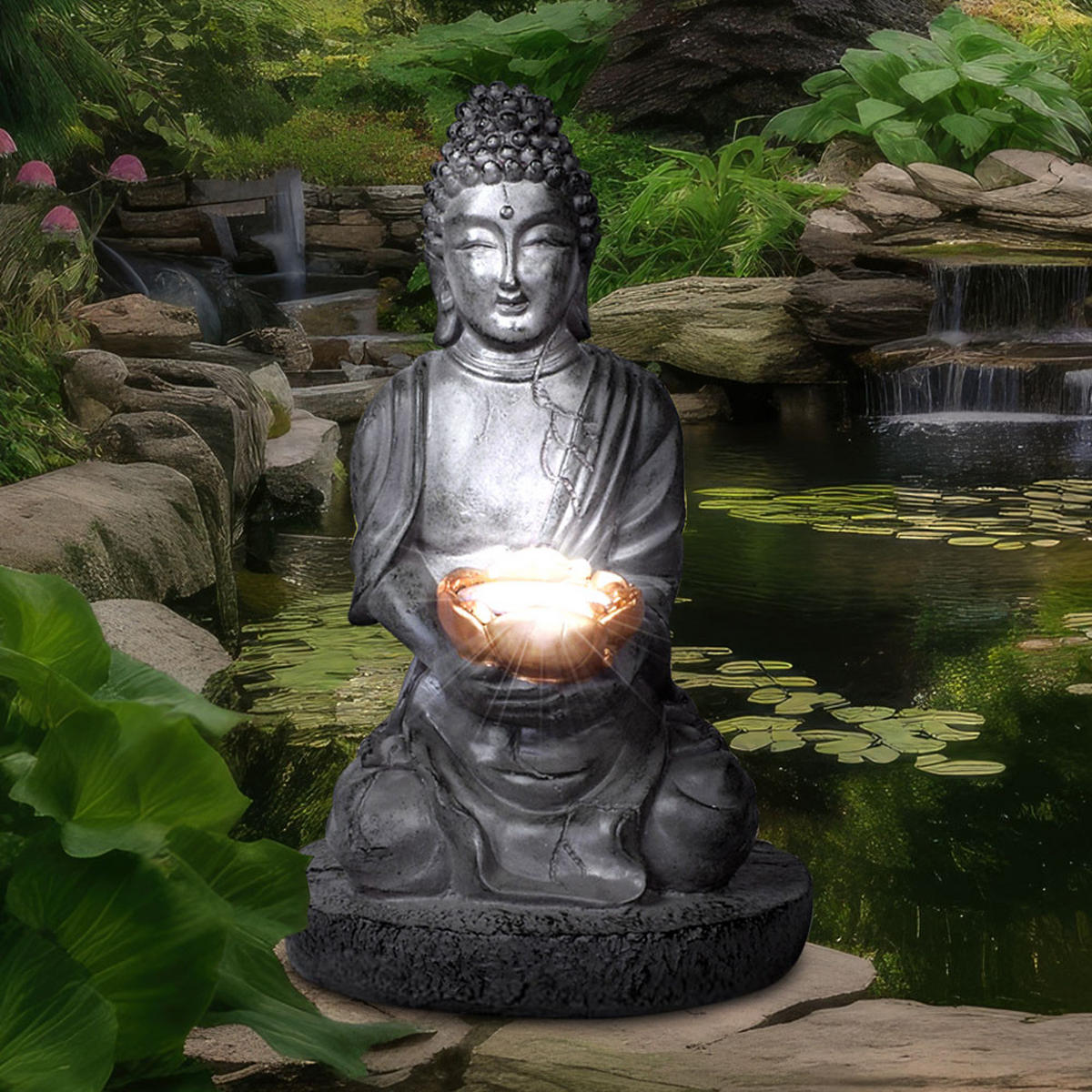 LED AUSSENLEUCHTE Buddha Grau 2er Set - Grau, Kunststoff (18/18/28cm) - Globo Lighting