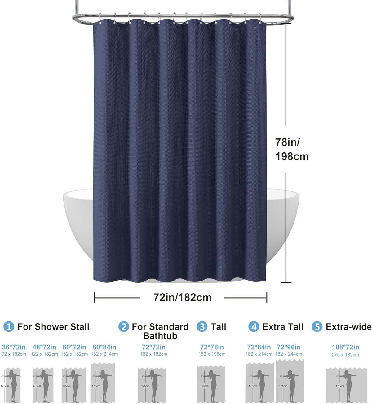 DUSCHVORHANG Marineblau Waffelstruktur Polyester wasserdicht schimmelresistent mit Ringen - Blau, Textil (198/182cm) - MCBOSON