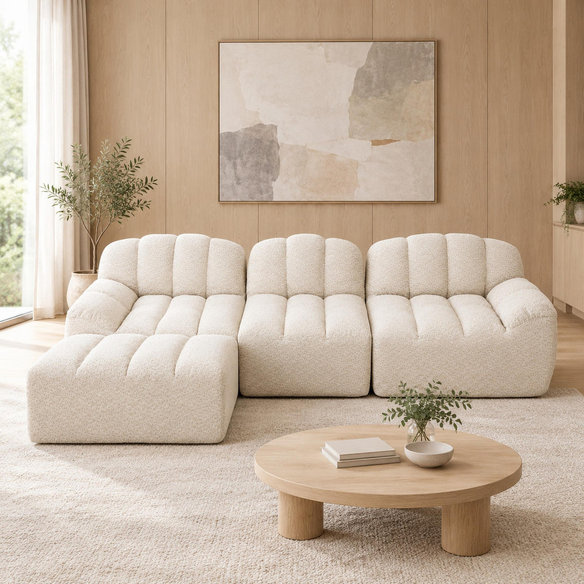 MODULARES Ecksofa mit Ottoman, Granuliertem Fleece, Beige-Weiß 288x165x79 cm, als 3-Sitzer stellbar - Creme, Textil (165/288cm) - IVMEU