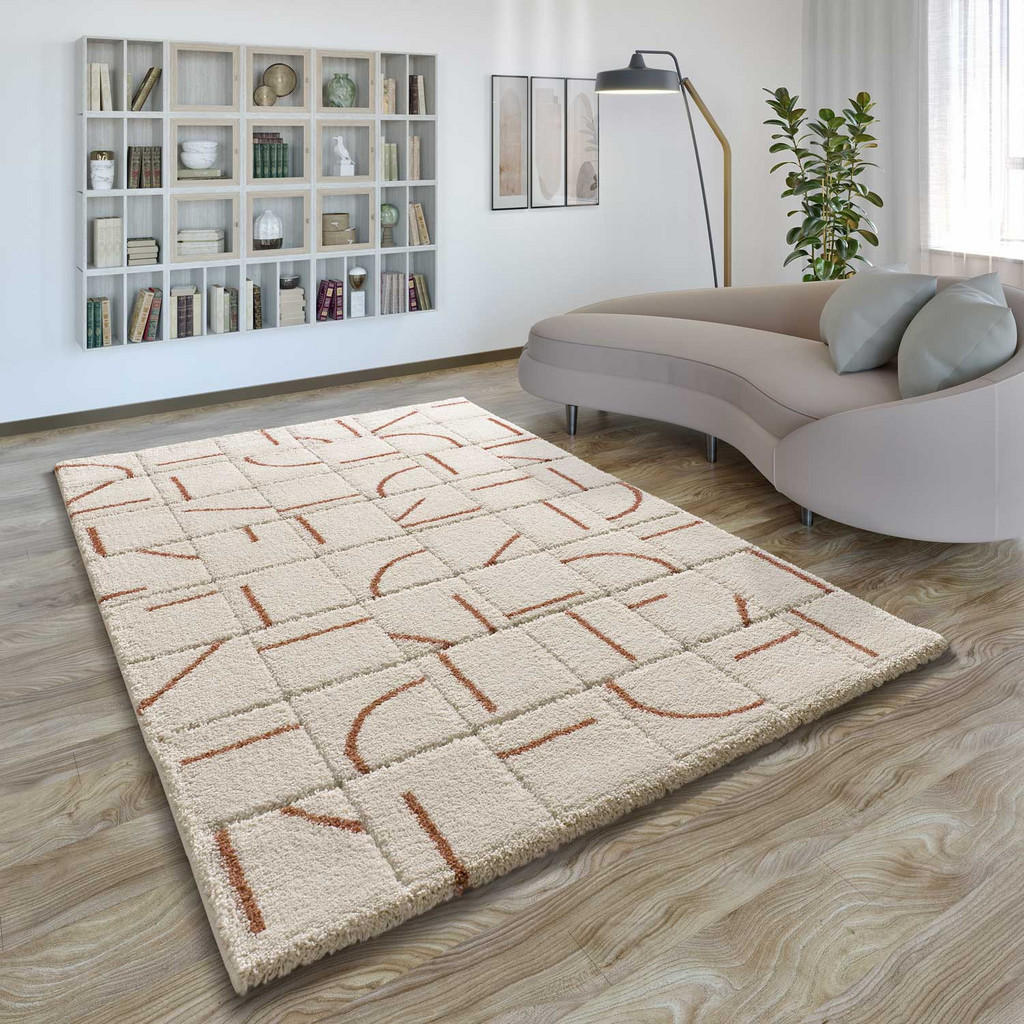 Thumbnail - Atticgo Hochflorteppich, Beige, Terra cotta, Textil, Grafikmuster, Rechteckig, 80x150 cm, Oeko-Tex® Standard 100, für Fu...