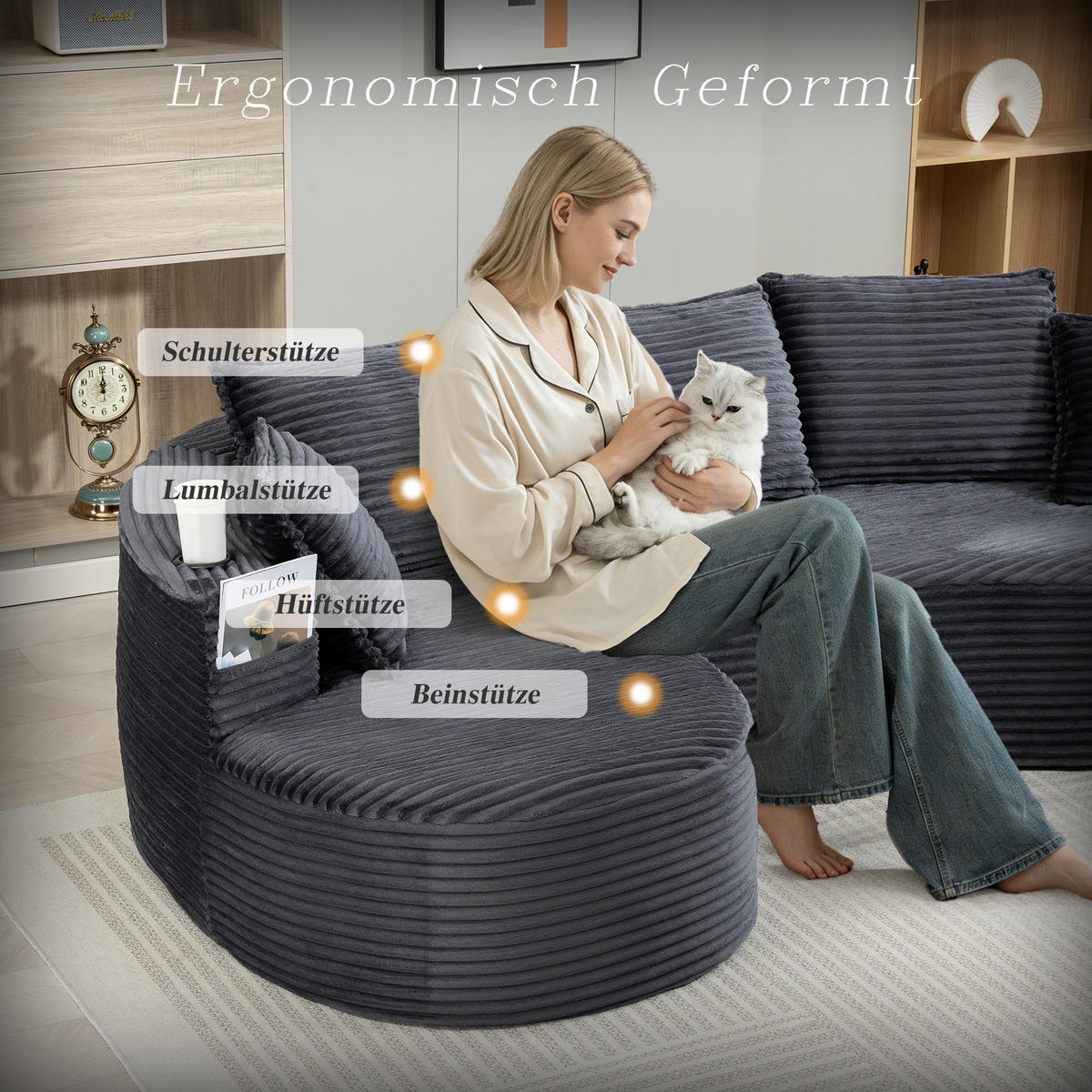 ECKSOFA Cord Dunkelgrau mit Getränkehaltern, Seitentaschen und Kissen - Dunkelgrau, Textil (250/152cm) - WISHDOR