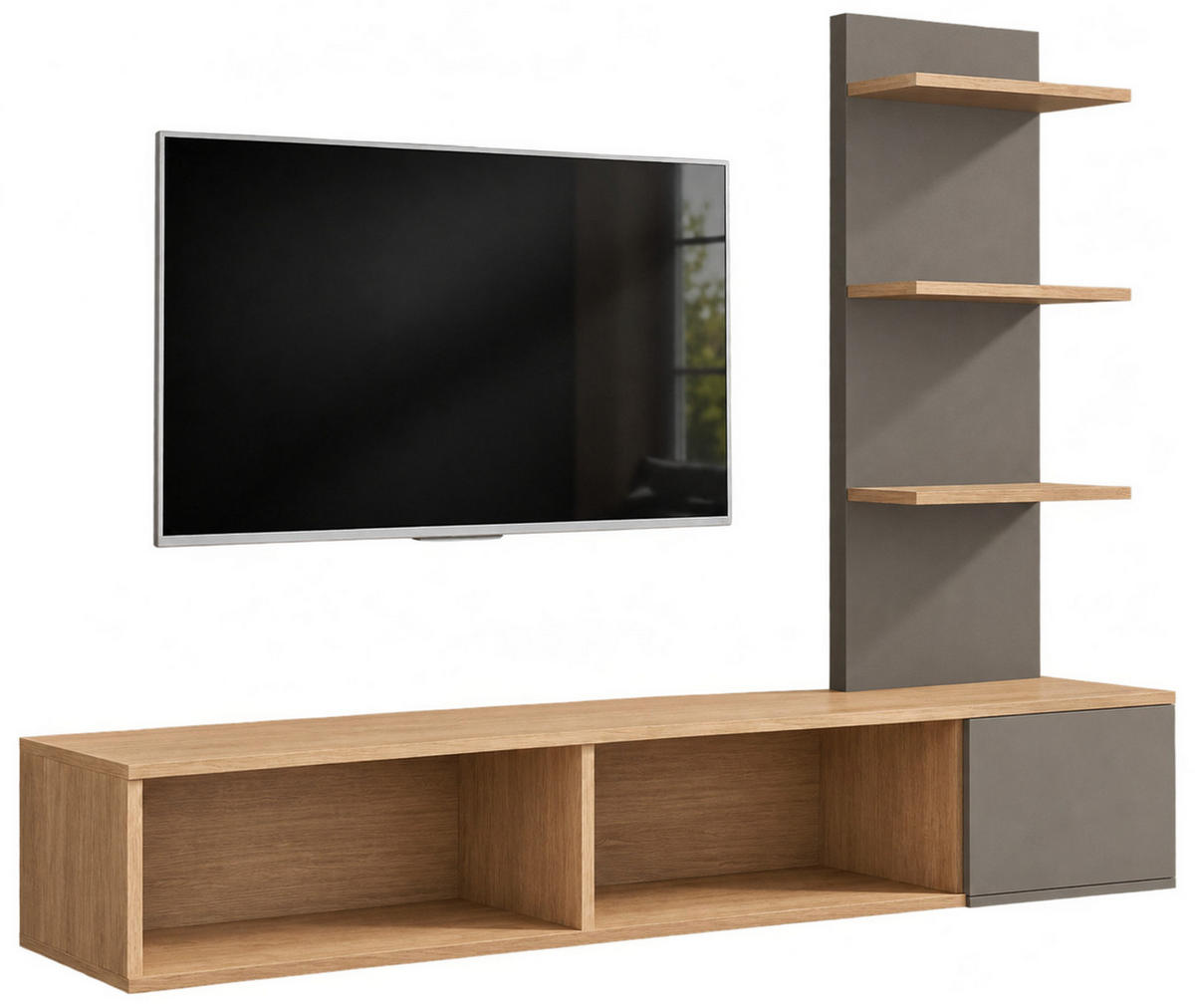 TV-LOWBOARD Eiche mit Lehm-Grau 180 cm hängend, TV Unterschrank Set mit Paneel und Regal - Eichefarben/Hellgrau, Holzwerkstoff (180/130/40cm) - Inn.Furn