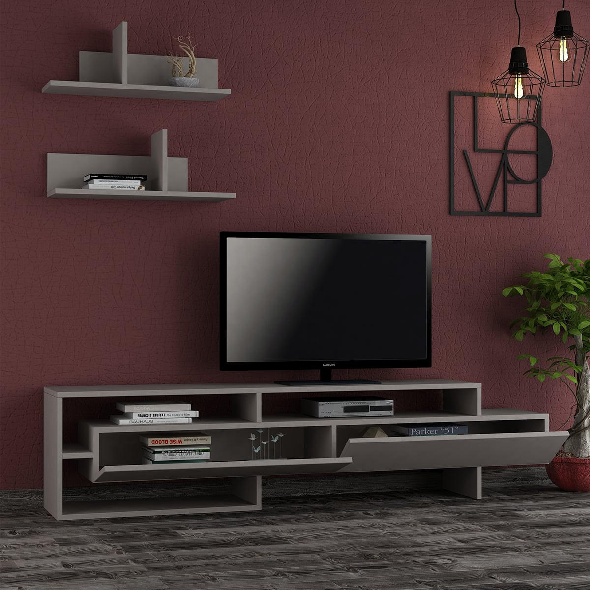 TV-MÖBEL mit 2 Türen und 2 Wandregalen L180 cm - Gara - Taupe, Holzwerkstoff (32/42/180cm) - Calicosy