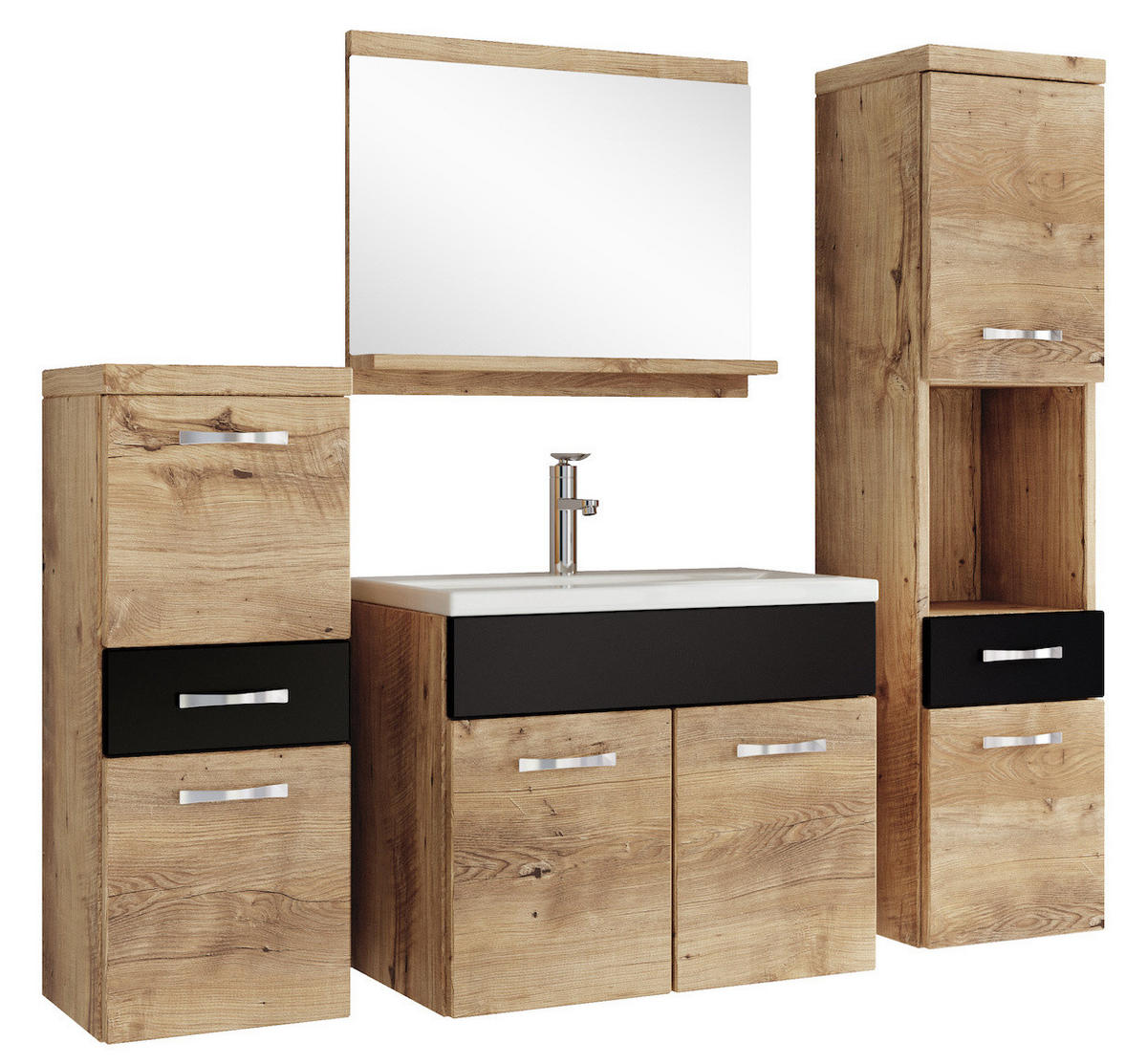 BADMÖBEL-SET Alba 5 Teile Kastanien Eiche mit Schwarz - 60 x 35 x 51 cm - Eichefarben/Schwarz, Holz (60/51/35cm) - Badplaats