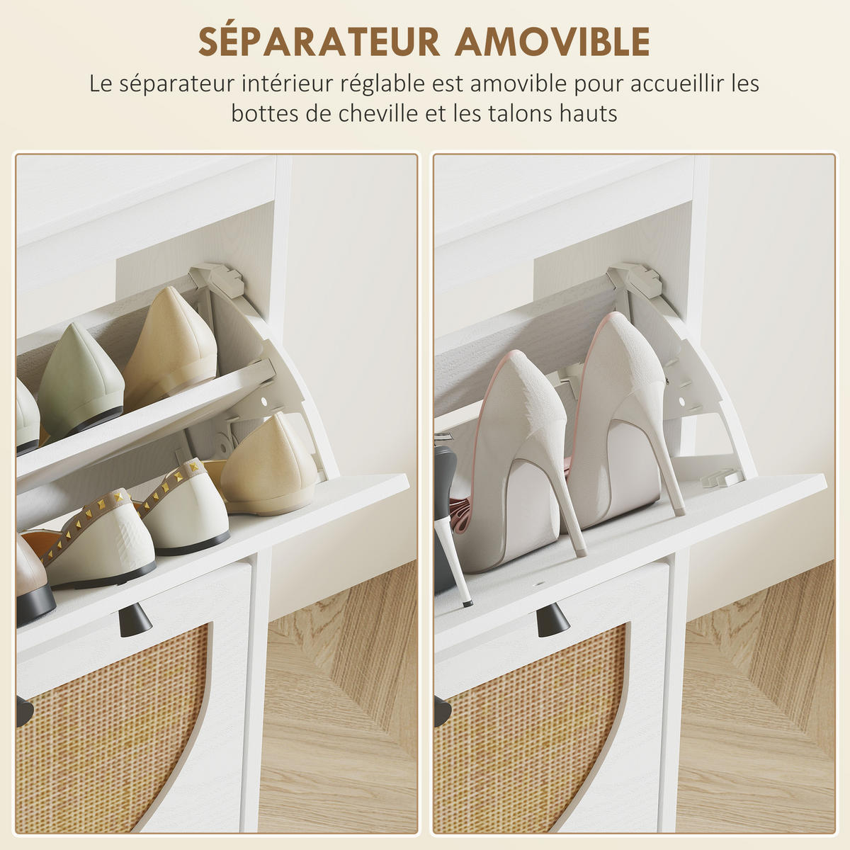 SCHUHSCHRANK DE-15022 4 Klapptüren in Rattan-Optik Weiß - Weiß, Holzwerkstoff (105/97.5/24cm) - ComfortXL