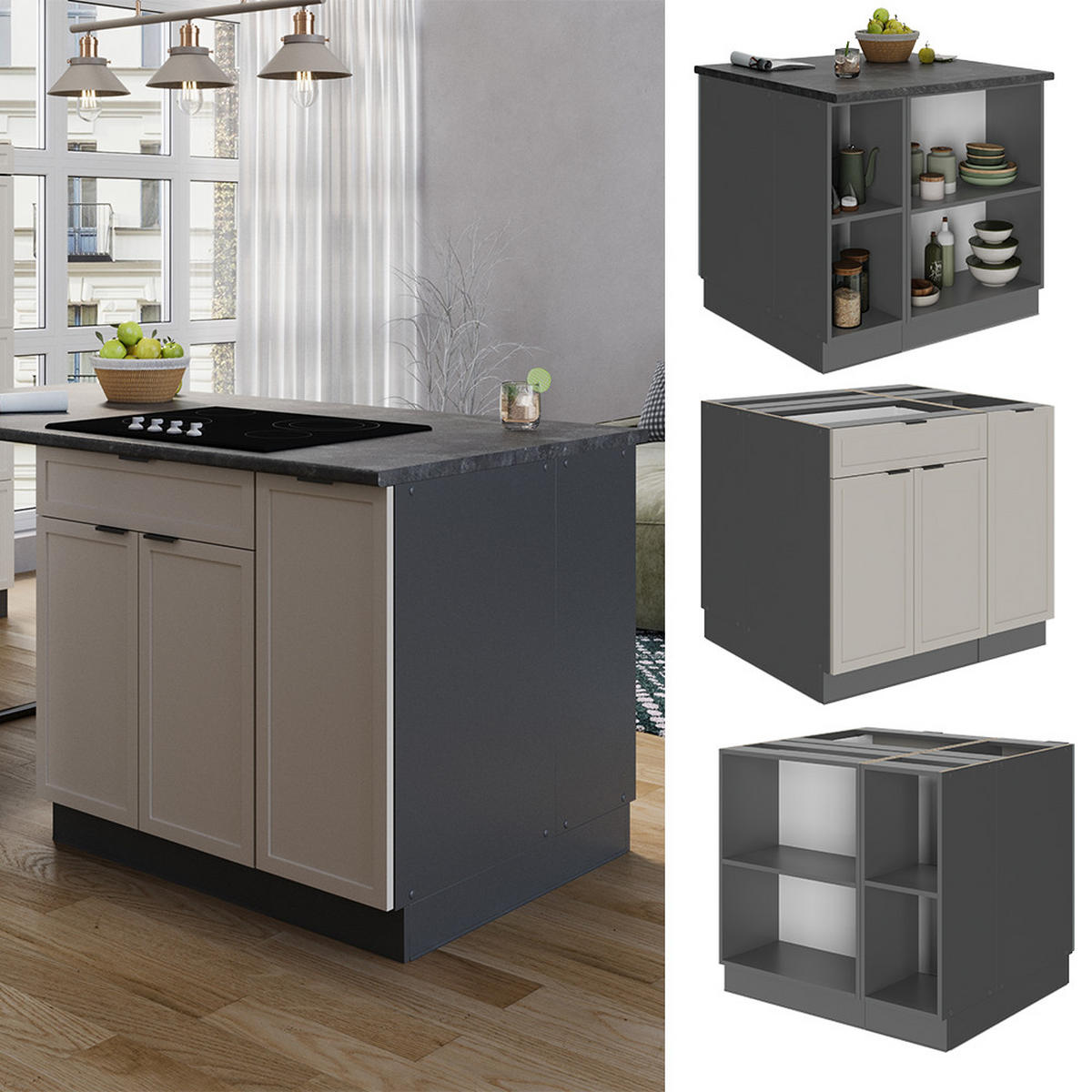 KÜCHENINSEL Fame-Line GrauBeige 90 cm mit Schublade, ohne AP - Anthrazit/Grau, Holzwerkstoff (90/82/60cm) - Vicco