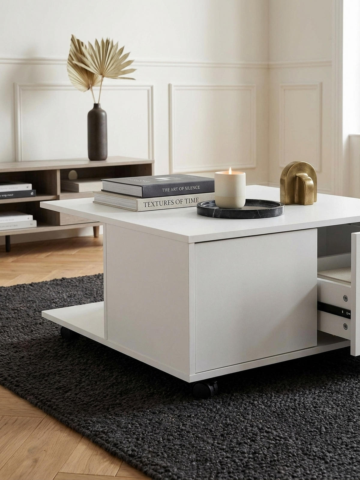 COUCHTISCH mit Rollen, Melaminharzbeschichtung und 2 Schubladen, Weiß 70x70x36 cm - Schwarz/Weiß, Holz (70/70/36cm) - KADIMA DESIGN