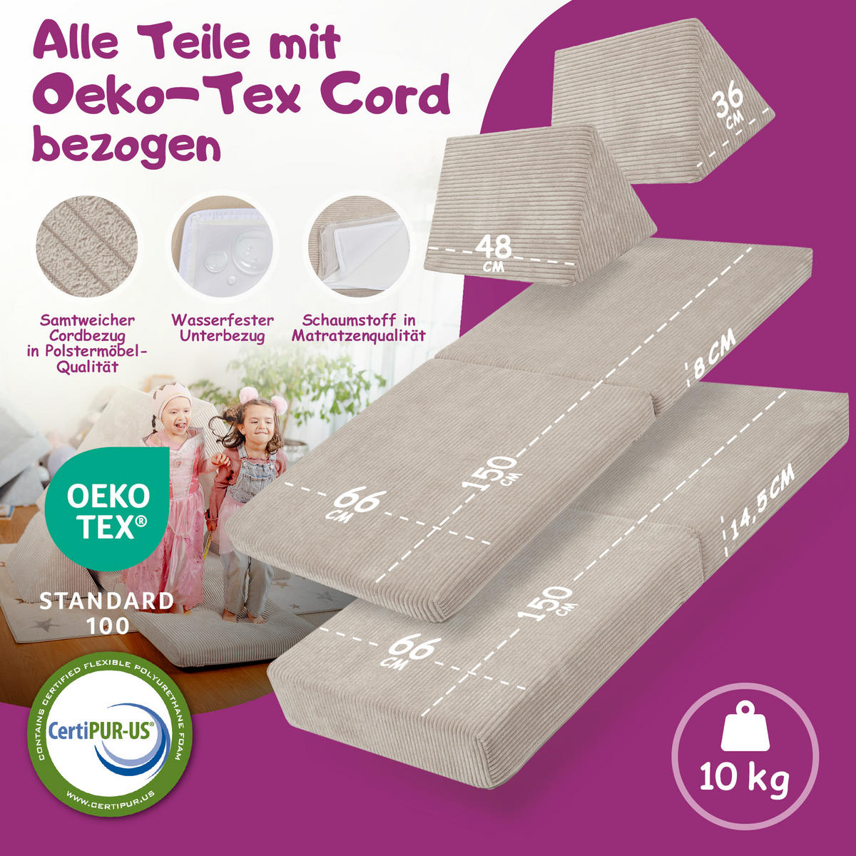 KINDERSOFA Spielparadies - Beige, Textil (66/52/150cm) - Linodino