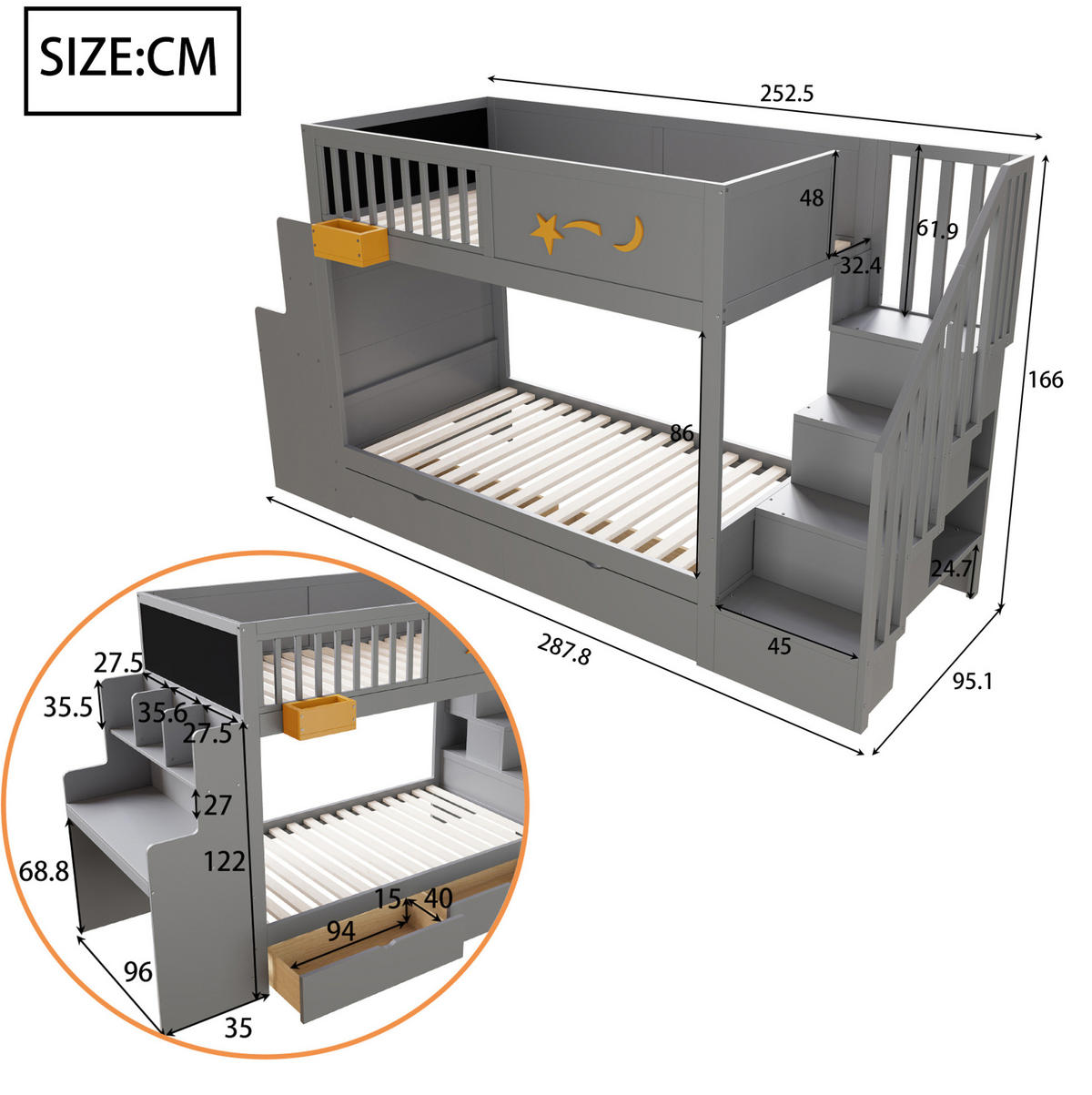 PALANDA 90/200 cm s pracovním stolem, úložnými zásuvkami a bezpečnostním schodištěm, Šedá - šedá, kompozitní dřevo (90/200cm) - Redom
