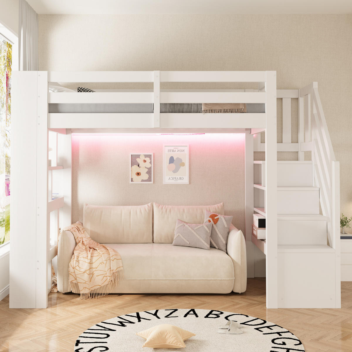HOCHBETT aus Kiefernholz 90x200 cm Weiß mit Stauraumtreppe, Regalfächern und LED-Beleuchtung - Weiß, Holz (90/200cm) - Modfu