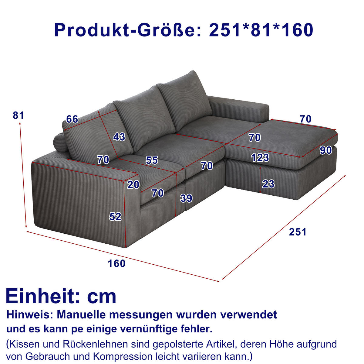 ECKSOFA 251/160/81 cm dunkelgrau aus Cord mit Chaiselongue, 4 Modulen und Kissen - Dunkelgrau, Textil (160/251cm) - OKWISH