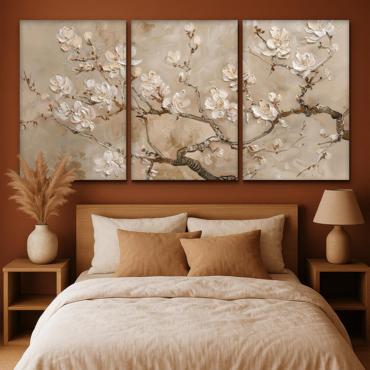 LEINWANDBILD 3er Set Beige - Blüte - Modern 240x120 cm - Greige, Textil (240/120cm) - MuchoWow