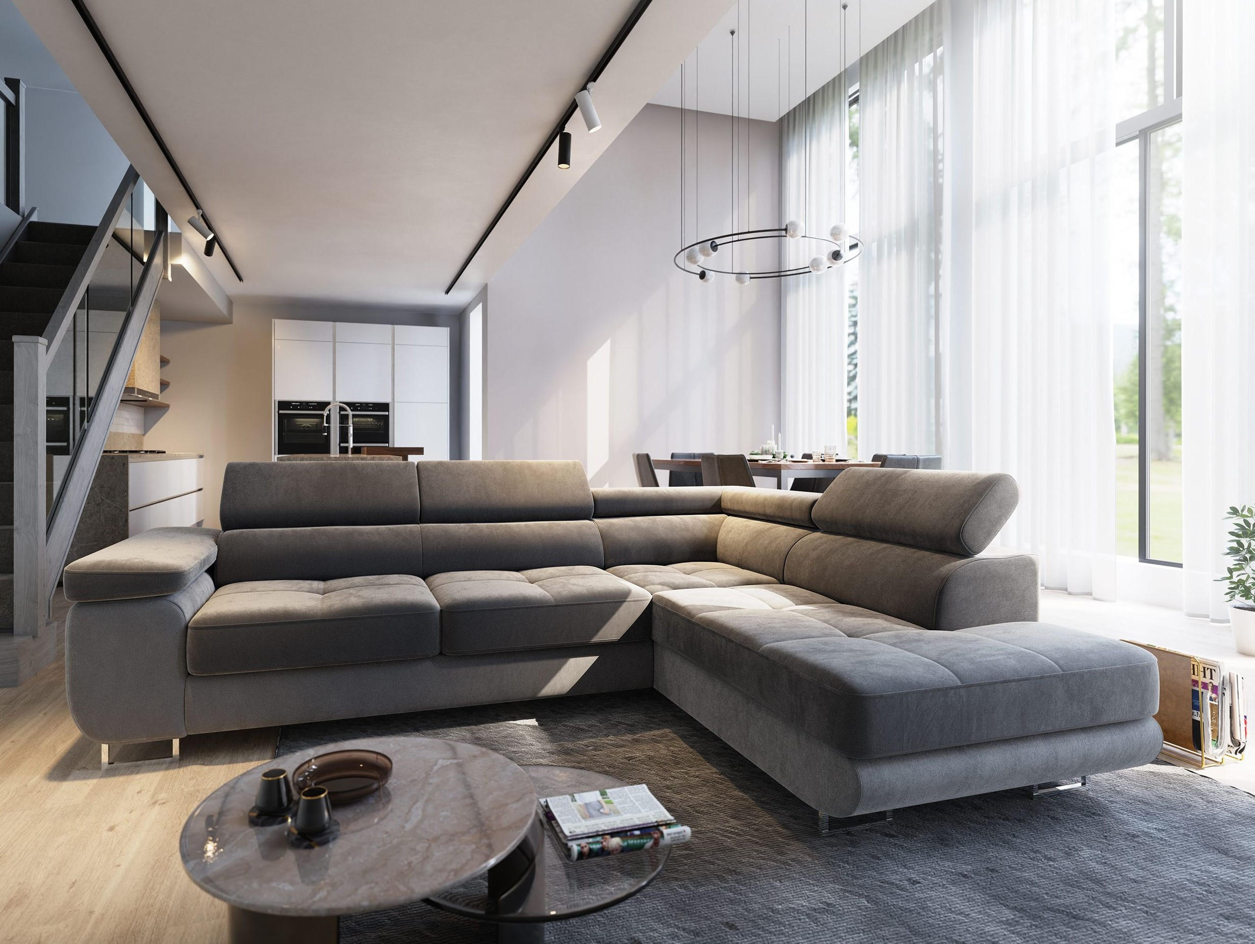 ECKSOFA SELVA R-S Grau Velours-Stoff mit Schlaffunktion - Grau, Holz (275/202cm) - MASSENO