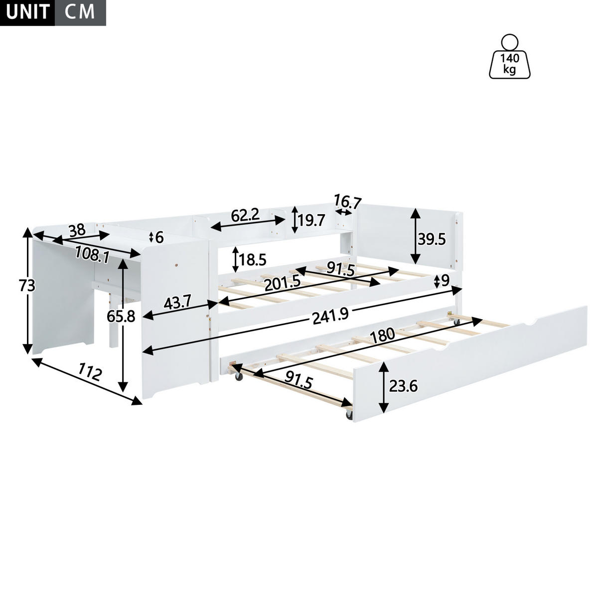 KINDERBETT 90/200 cm Weiß mit Ausziehbett, Schreibtisch und Regalen - Weiß, Holzwerkstoff (90/200cm) - Flora Grace