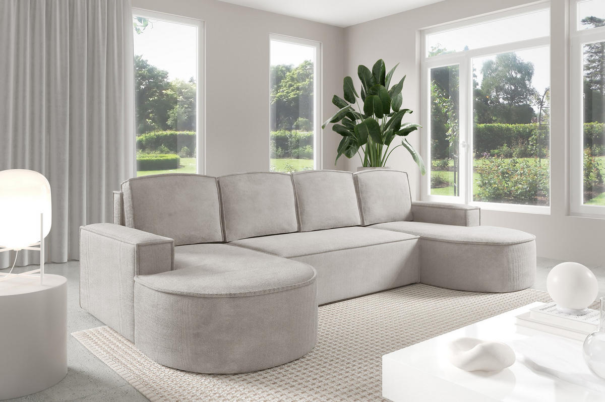 ECKSOFA MOLLY U Freistehendes, mit Schlaffunktion, 140x273cm, Bettkasten und Abnehmbaren Kissen – 316x157x88cm, Curio Stoff, Weiß - Creme, Holz/Textil (316/157cm) - DomoHome
