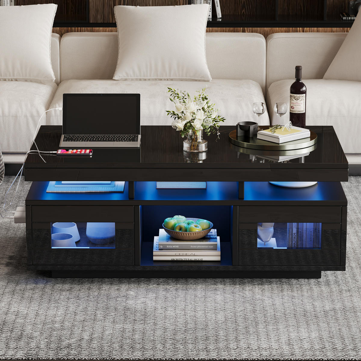 COUCHTISCH 100/50/43 cm mit LED-Beleuchtung, Steckdose, USB-Anschluss und Stauraum aus Spanplatte, Schwarz - Schwarz, Holzwerkstoff (100/50/43cm) - Redom