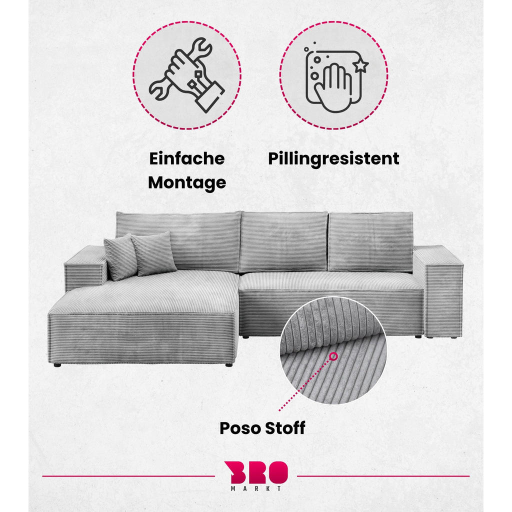 Thumbnail - Bromarkt Ecksofa, Hellgrau, Textil, 3-Sitzer, Ottomane links, 294x185 cm, Wohnzimmer, Sofas & Couches, Wohnlandschaften,...