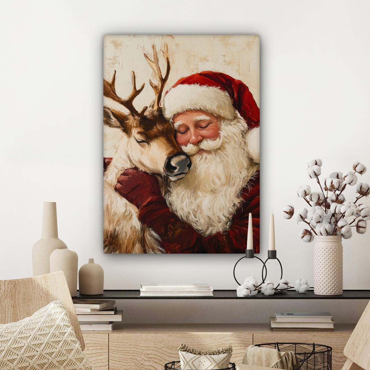 LEINWANDBILD Weihnachtsmann - Rentier - Weihnachten Wandbild Wohnzimmer 60x80 cm - Rotbraun, Textil (60/80cm) - MuchoWow