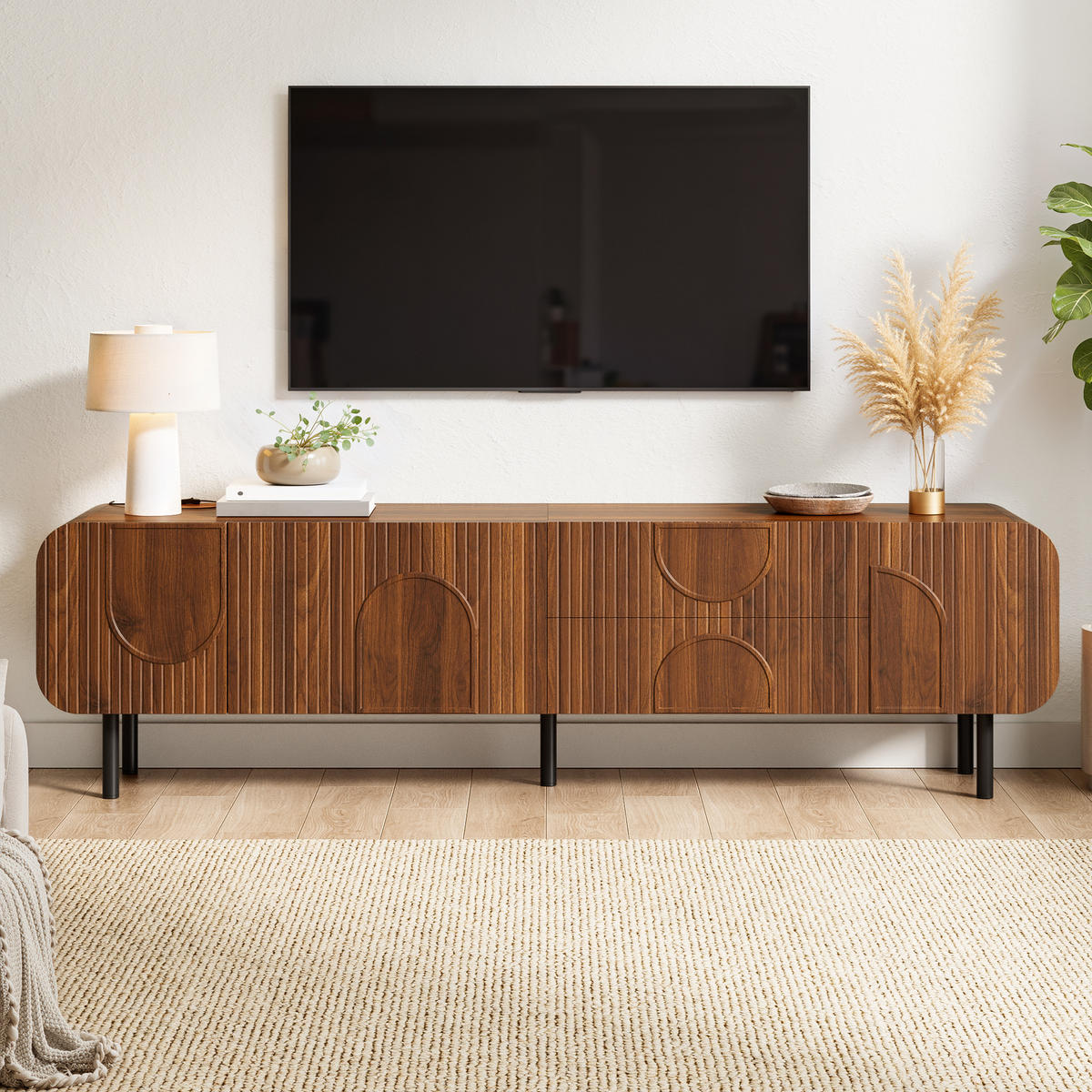 TV-SCHRANK Mid Century 3 Türen 2 Schubladen Metallbeine - Walnussfarben, Holzwerkstoff (40/47.5/180cm) - FLIEKS