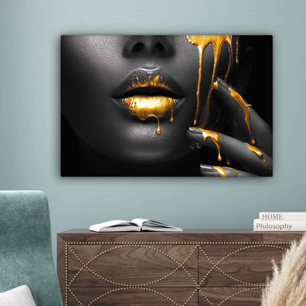 LEINWANDBILD Frau - Schwarz - Gold - Gesicht - Lippen Gemälde 60x40 cm - Goldfarben, Textil (60/40cm) - MuchoWow