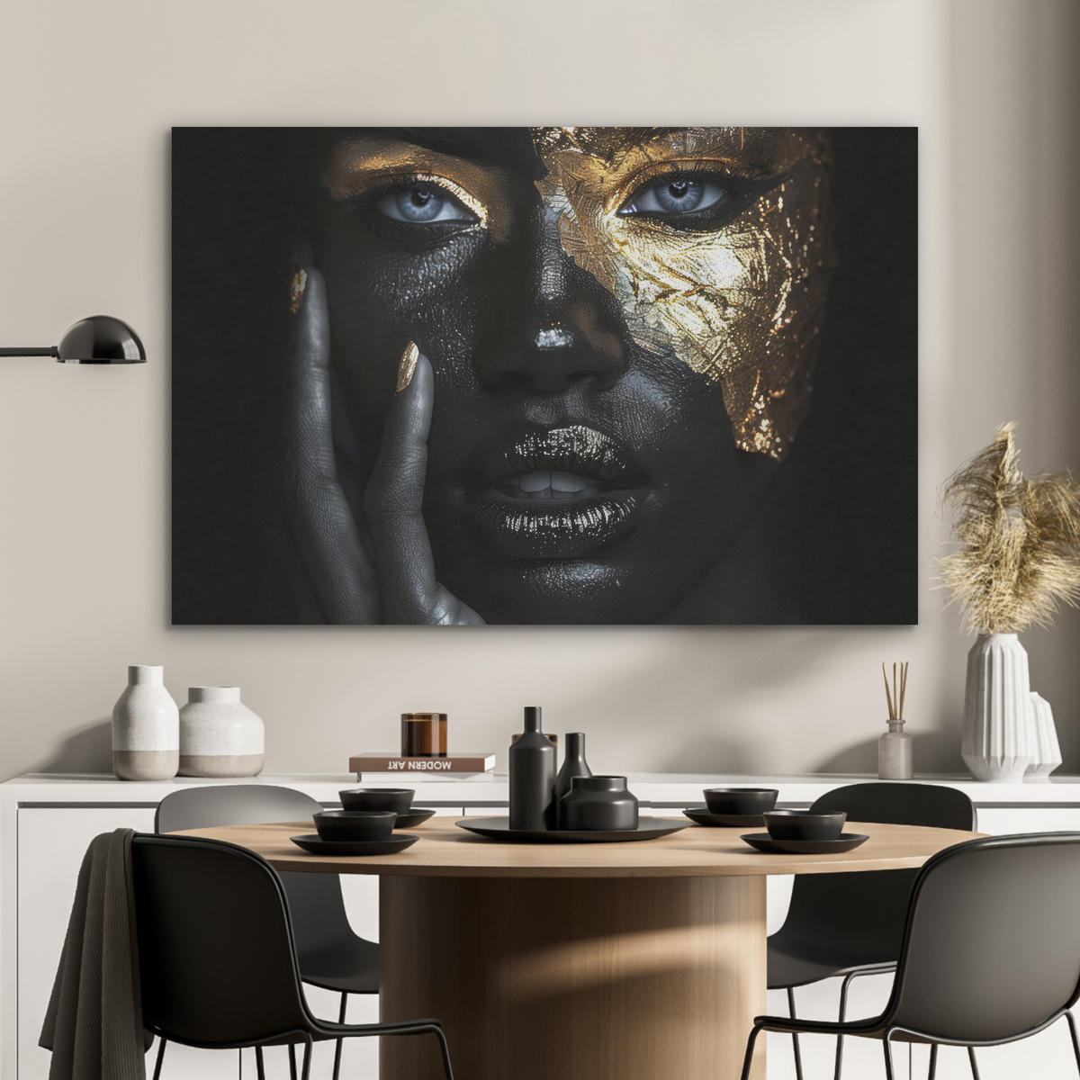 AKUSTIKBILD Frau - Gold - Porträt - Schwarz-Weiß - Luxus Akustikpaneele 90x60 cm - Hellblau, Kunststoff (90/60/0.9cm) - MuchoWow